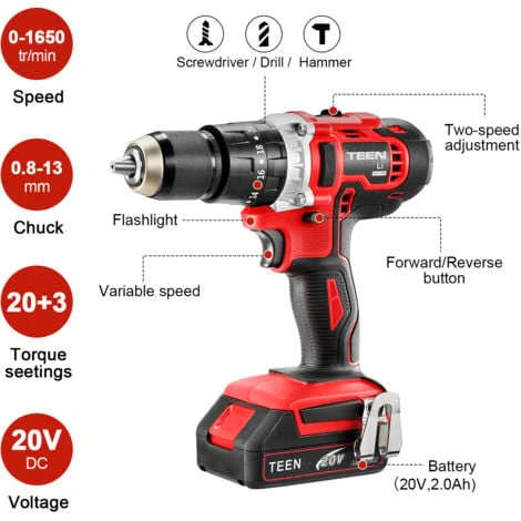 Perceuse Visseuse à Percussion Sans Fil TEENO-916 - 2x20V - 2,0Ah - 69 Accessoires 4 Perceuse Visseuse à Percussion Sans Fil TEENO-916 - 2x20V - 2,0Ah - 69 Accessoires – Image 2