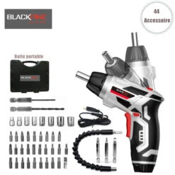 BLACKPINE- Visseuse Sans Fil 5Nm, 44 Accessoires Tournevis Sans Fil, 1300mAh Avec Chargeur USB, 6 +1 Niveau Reglages Du Couple, 2 Lampe LED, 2 Position Poigne Reglable, Boîte Compacte