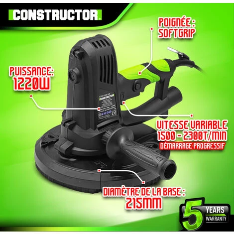 Ponceuse Plâtre 1220W - 225mm Avec Sac Récupérateur Et 8 Abrasifs - Constructor 4 Ponceuse Plâtre 1220W - 225mm Avec Sac Récupérateur Et 8 Abrasifs - Constructor – Image 2
