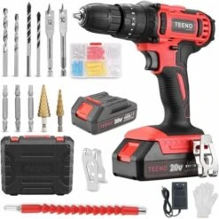 TEENO Perceuse Visseuse A Percussion Sans Fil PSR 20v+2A Batterie Lithium +2Vitesses+ Gants Professionnels (Deux Batterie)