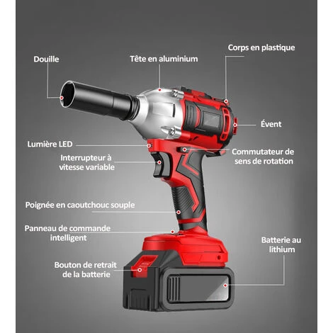 Boulonneuse A Choc Sans Fil, Perceuse Visseuse Devisseuse San Fil - Avec 2 Batteries 24V, 350 Nm, 0-3000 Tr/min, Lumière LED 4 Boulonneuse A Choc Sans Fil, Perceuse Visseuse Devisseuse San Fil - Avec 2 Batteries 24V, 350 Nm, 0-3000 Tr/min, Lumière LED – Image 2