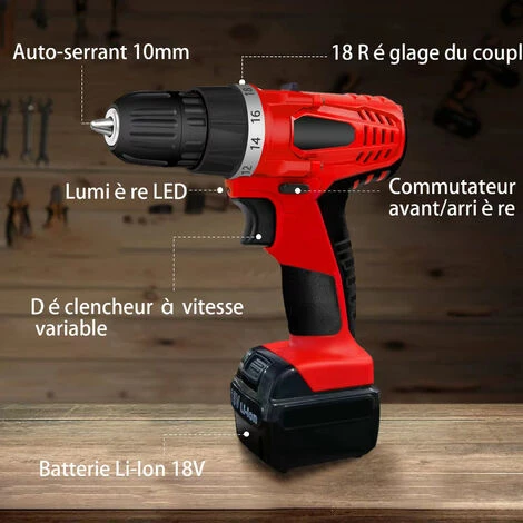 Perceuse Visseuse Sans Fil 18V Visseuse Sans Fil Avec 2 Batteries 18+1 Réglages De Couple Auto-serrant 10mm LED Pour Bricolage 2 Vitesses Idéal Pour Visser Et Percer 4 Perceuse Visseuse Sans Fil 18V Visseuse Sans Fil Avec 2 Batteries 18+1 Réglages De Couple Auto-serrant 10mm LED Pour Bricolage 2 Vitesses Idéal Pour Visser Et Percer – Image 2