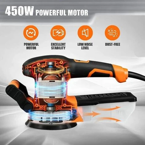 20 Pcs Ponceuse Excentrique 450W TACKLIFE, 13000 RPM, Système De Dépoussiérage, Ponceuse Orbitale à Vitesse Variable - PRS03A 4 20 Pcs Ponceuse Excentrique 450W TACKLIFE, 13000 RPM, Système De Dépoussiérage, Ponceuse Orbitale à Vitesse Variable - PRS03A – Image 2