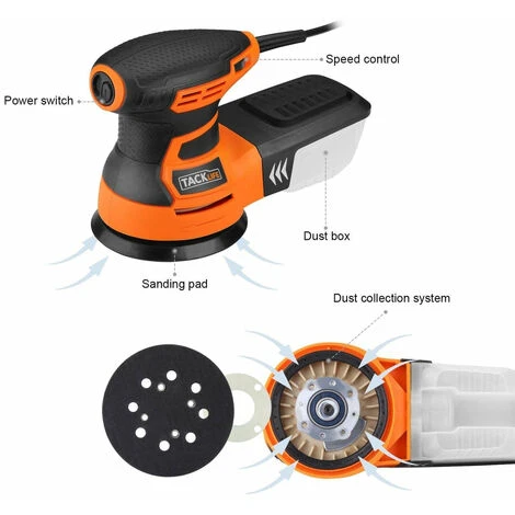 TACKLIFE Ponceuse Excentrique, Ponceuse Rotative Électrique 350W 13000 OPM, 6 Vitesses Variables, Équipé D’Une Boîte à Poussière, 12pcs Disque De Ponçage, Ponceuse Pour Le Ponçage Du Bois PRS01A 4 TACKLIFE Ponceuse Excentrique, Ponceuse Rotative Électrique 350W 13000 OPM, 6 Vitesses Variables, Équipé D’Une Boîte à Poussière, 12pcs Disque De Ponçage, Ponceuse Pour Le Ponçage Du Bois PRS01A – Image 2