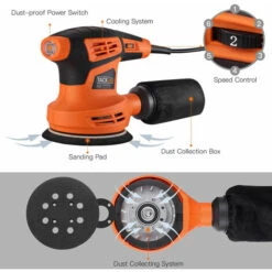 TACKLIFE Ponceuse Excentrique 280W, 6 Vitesses (6,000-13,000rpm), 10 125mm Disques Abrasifs (80 Grains) Et 3 Accessoires De Polissage (tissu Microfibre, éponge Et Laine) Inclus, Collecte De La Poussi -Magasin D'Outils Électriques 95135664 2