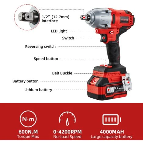 TEENO Clé à Chocs 20V Brushless Lithium-Ion Batteries 4.0Ah, 4 Douilles à Chocs, 600N.m (deux Batteries) 4 TEENO Clé à Chocs 20V Brushless Lithium-Ion Batteries 4.0Ah, 4 Douilles à Chocs, 600N.m (deux Batteries) – Image 2